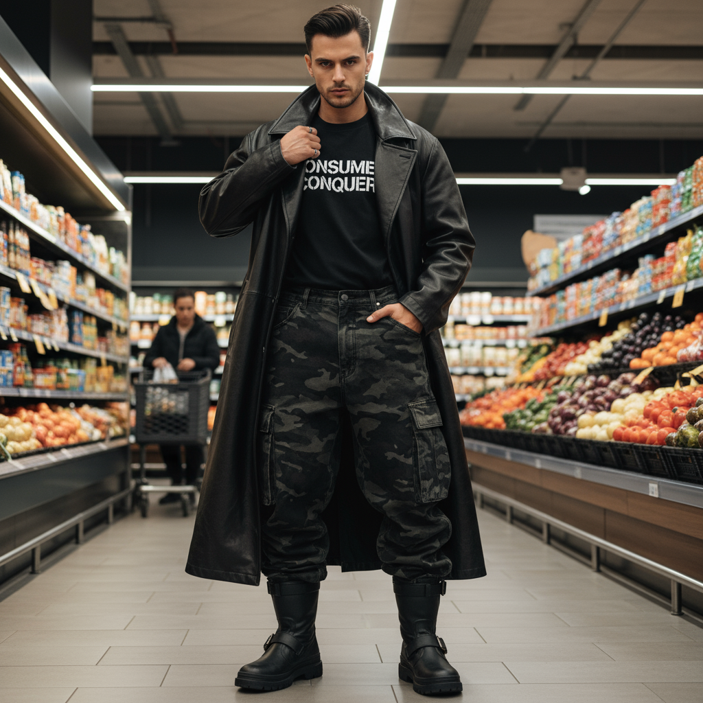 20 year old man Modeling Wearing baggy the darkest jungle camo jeans and black c