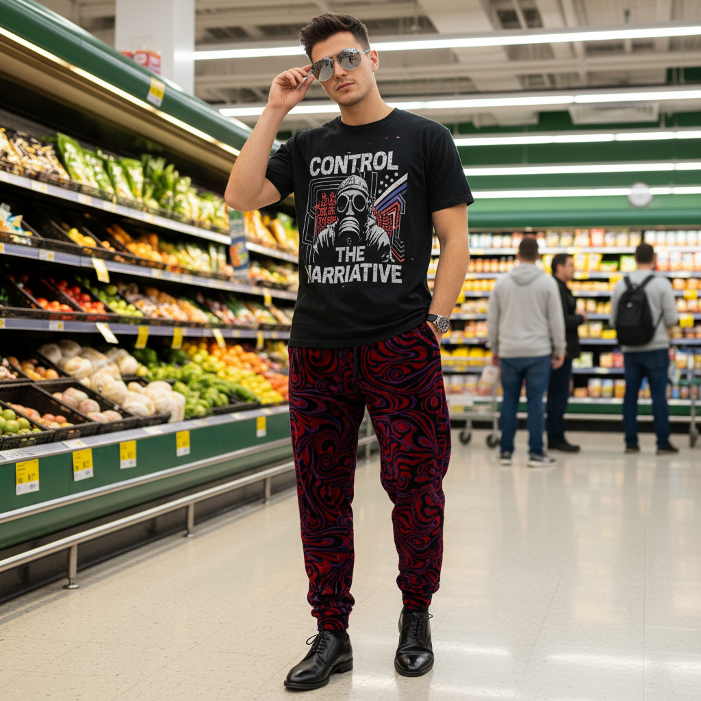 20 year old man Wearing baggy crushed velvet red black and purple psychedelic jo