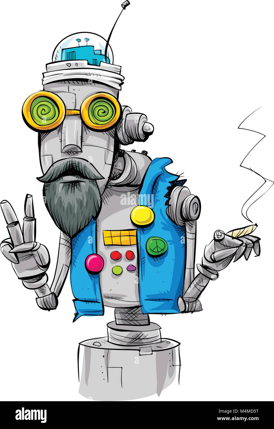 A robot hippie smoking a joint and making a peace sign M4MD5T