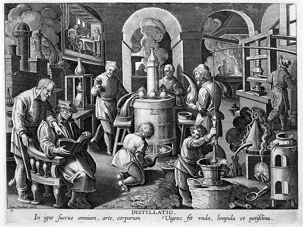 Distillatio scene in an alchemist laboratory Wellcome M0018149