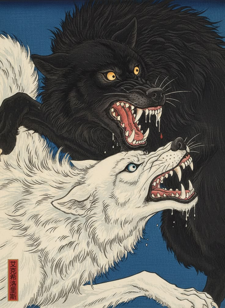 Neo Ukiyo e Wolf Duel   Black and White Wolf Battle Illustration