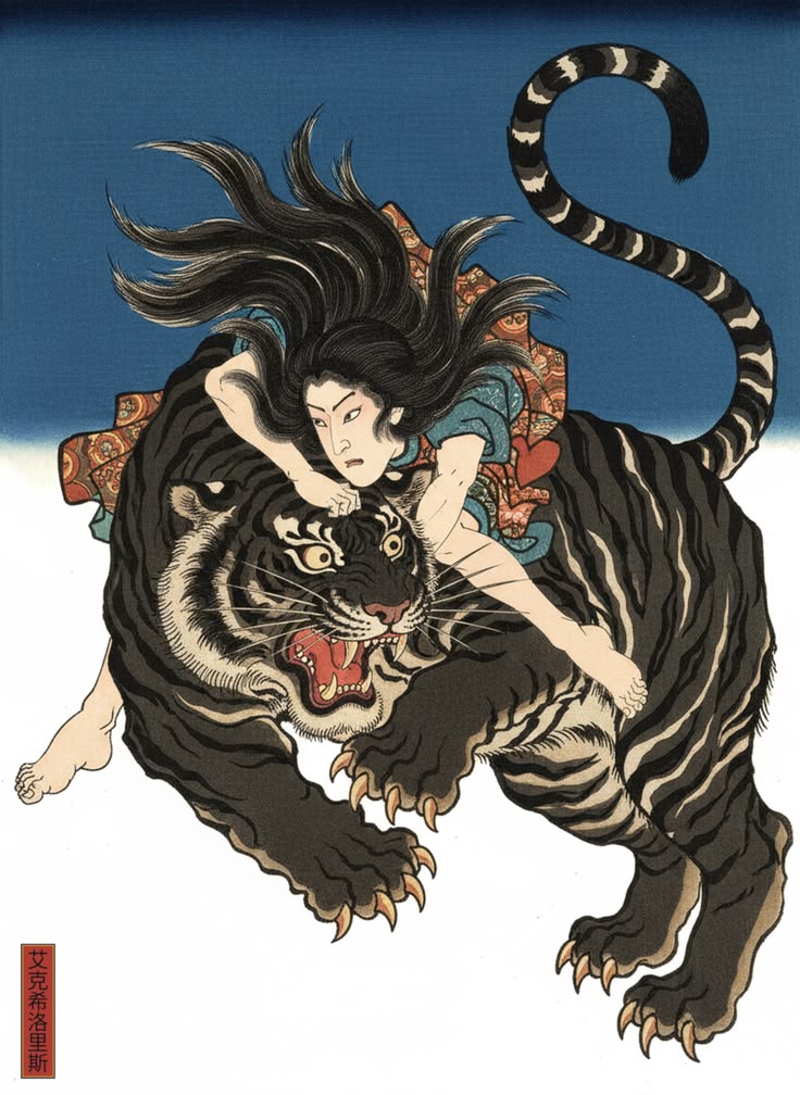Woman Taming the Tiger  Neo Ukiyo e Power  Wildness Art